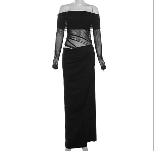 Classy Black Satin Mesh Dress